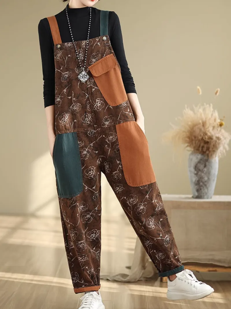 Women's Relaxed Printed with Stylish Pockets Overalls Dungarees