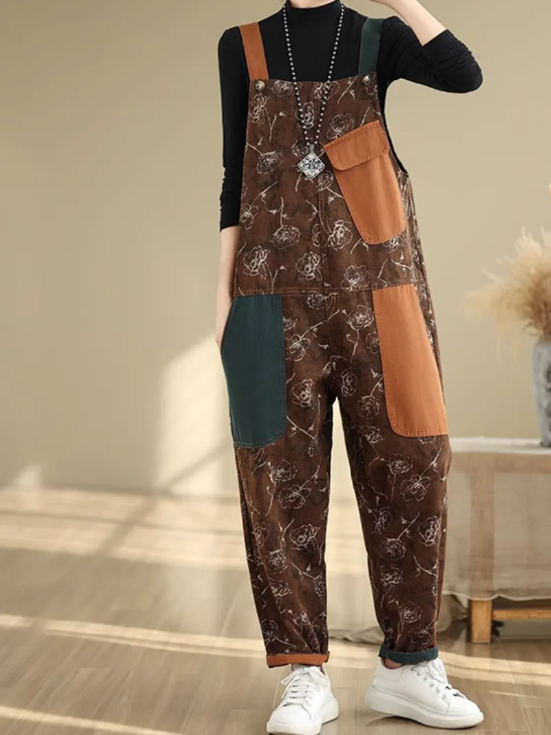 Women's Relaxed Printed with Stylish Pockets Overalls Dungarees